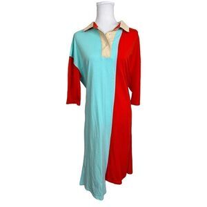Momo New York Shirt Dress Maxi Color Block‎ Red Blue Asymmetrical Hem OS